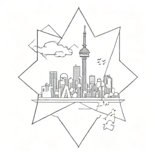 A geometric interpretation of the Toronto skyline with a maple leaf pattern overlay tattoo design idea