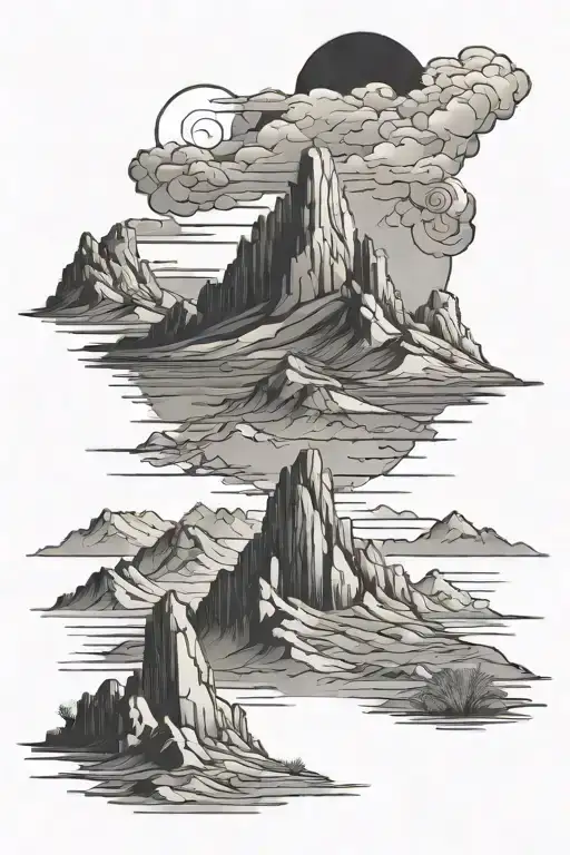 dark, evil, desert or mountain scene tattoo design idea