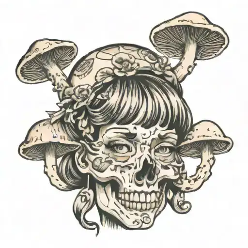 woman with bangs with mushrooms growing out of the top of her skull tattoo design idea