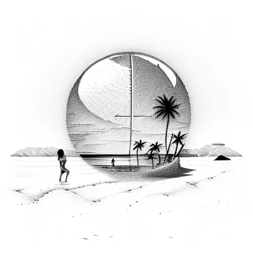 A serene beach landscape with palm trees and a basketball court at sunset tattoo design idea