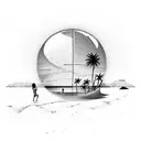 A serene beach landscape with palm trees and a basketball court at sunset tattoo design idea