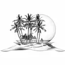 A serene beach landscape with palm trees and a basketball court at sunset tattoo design idea