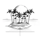 A serene beach landscape with palm trees and a basketball court at sunset tattoo design idea