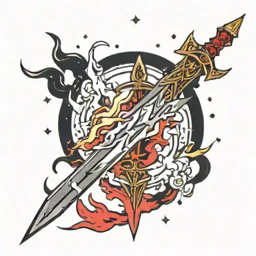 flaming sword with red fire, stars that look like jewels and golden lightning bolts coming out of it tattoo design idea
