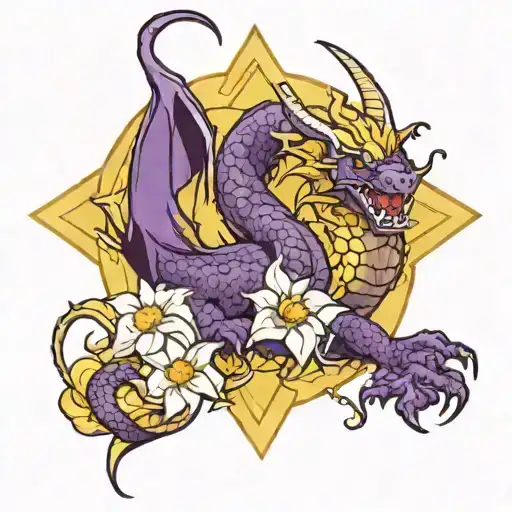 Narcissus flower, dragon, and star in yellow, white, and purple.        tattoo design idea