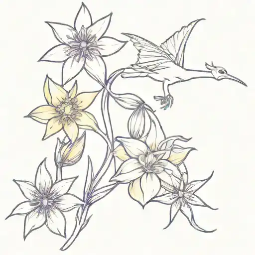 Narcissus flower, dragon, and star in yellow, white, and purple.        tattoo design idea