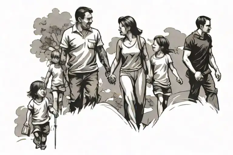 Father,mother,daughter and son walking tattoo design idea