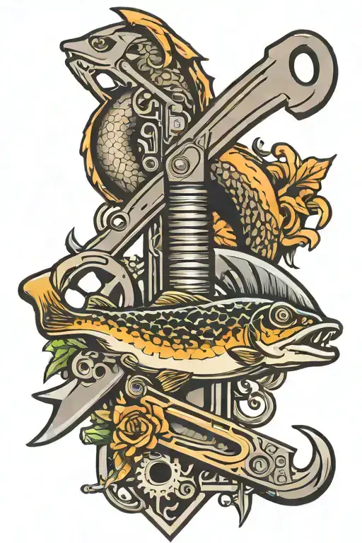 hunting fishing mechanics wrench tattoo design idea