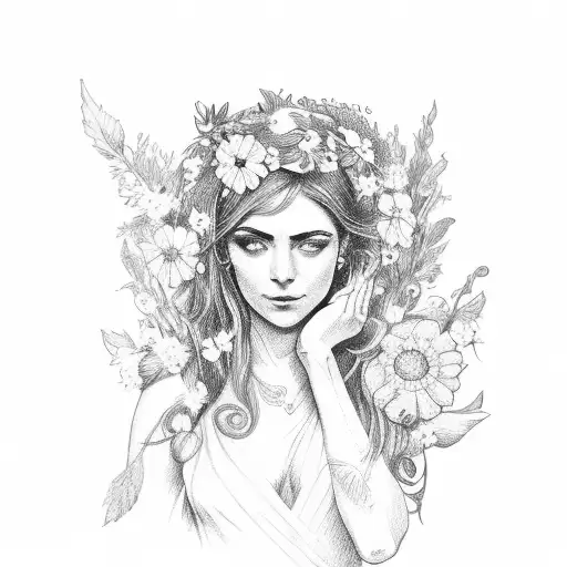 A Greek goddess holding a book, with a wreath of garlic and wild flowers in her hair tattoo design idea