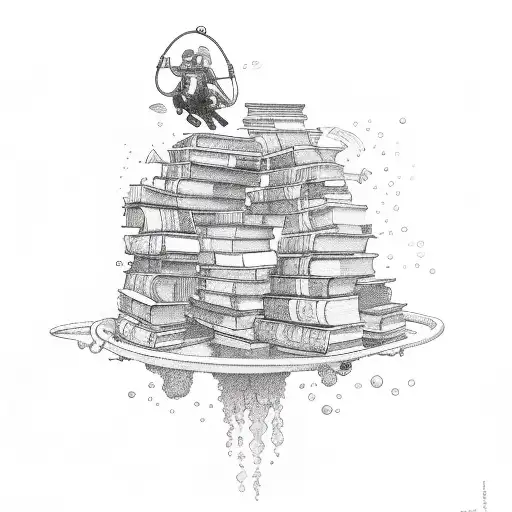 A diver exploring an underwater library filled with books and musical notes tattoo design idea