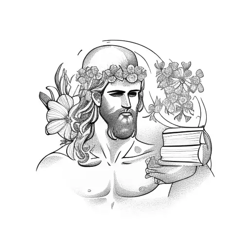 A Greek God holding a book and garlic and has wild flowers in his hair tattoo design idea