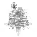 A diver exploring an underwater library filled with books and musical notes tattoo design idea