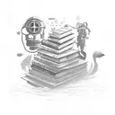 A diver exploring an underwater library filled with books and musical notes tattoo design idea