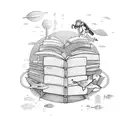 A diver exploring an underwater library filled with books and musical notes tattoo design idea