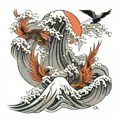 mountains rising Phoenix and tsunami  tattoo design idea