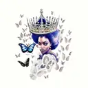 black queen with Afro with butterflies and crown  tattoo design idea