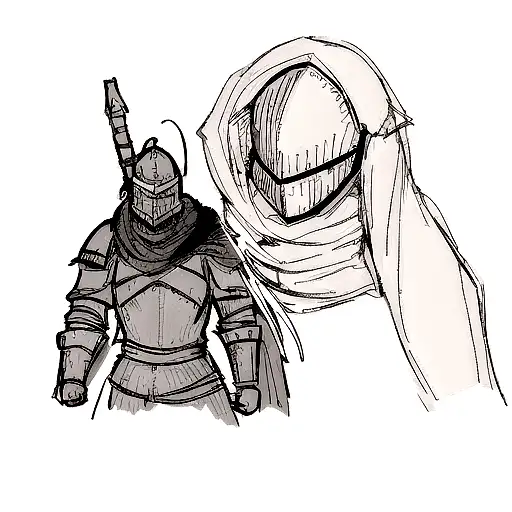 sketch on a white background of a beautiful tattoo in black and gray tones with the image of knight from dark souls tattoo design idea