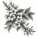 cherry blossom branch, main design is round, holes in some leaves, some shading and lines for detail, fine line outline tattoo design idea