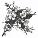 cherry blossom branch, main design is round, holes in some leaves, some shading and lines for detail, fine line outline tattoo design idea