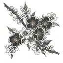 cherry blossom branch, main design is round, holes in some leaves, some shading and lines for detail, fine line outline tattoo design idea