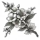 cherry blossom branch, main design is round, holes in some leaves, some shading and lines for detail, fine line outline tattoo design idea