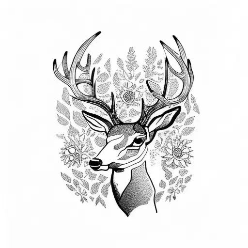 a deer with flowers and leaves on the antlers. use of geometric shape tattoo design idea