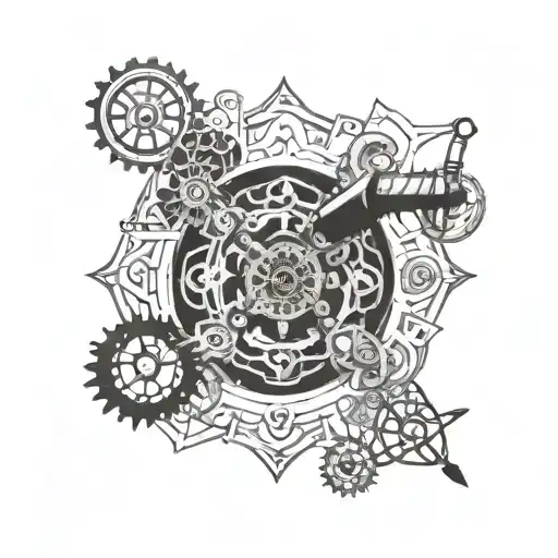 A collage of various mechanical tools and parts forming a mandala design, with a subtle image of a dad holding his daughter's hand in the center, representing the client's interests and cherished memories tattoo design idea