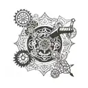 A collage of various mechanical tools and parts forming a mandala design, with a subtle image of a dad holding his daughter's hand in the center, representing the client's interests and cherished memories tattoo design idea