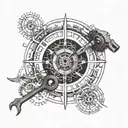 A collage of various mechanical tools and parts forming a mandala design, with a subtle image of a dad holding his daughter's hand in the center, representing the client's interests and cherished memories tattoo design idea