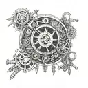 A collage of various mechanical tools and parts forming a mandala design, with a subtle image of a dad holding his daughter's hand in the center, representing the client's interests and cherished memories tattoo design idea