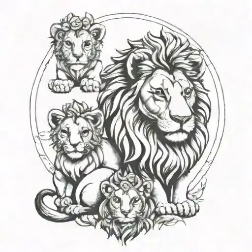 mama lion with 3 babies 1 with halo  tattoo design idea
