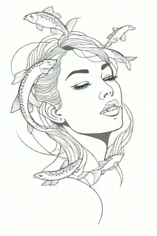 line art of a womans face leading into two koi fish  tattoo design idea