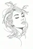 line art of a womans face leading into two koi fish  tattoo design idea