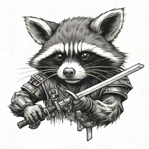 an intelligent, humanoid raccoon who is an expert in tactics and a very accurate marksman, wielding samurai swords, figh tattoo design idea