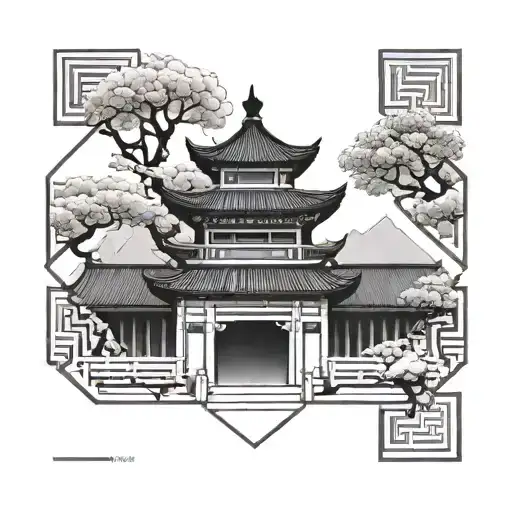 Incorporate traditional Chinese architecture elements into a geometric design tattoo design idea