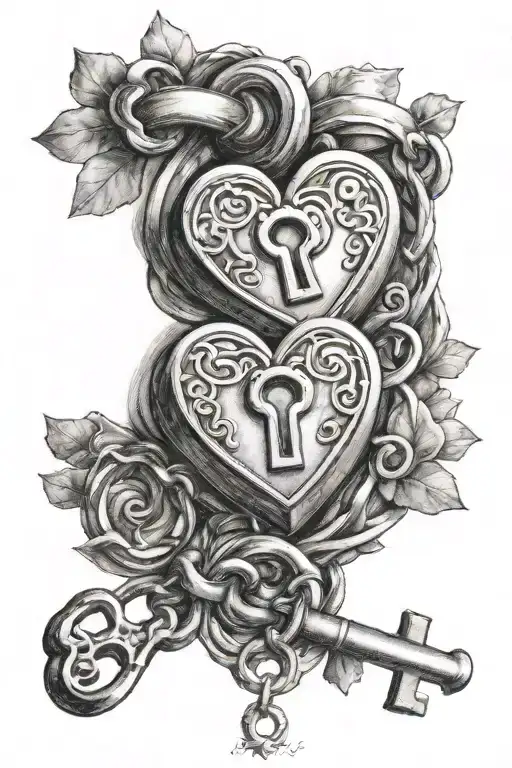 lock and key intertwined hearts tattoo design idea