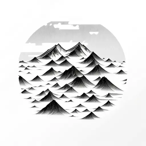 mountain turning into ocean wave, gray scale, western, panoramic shot tattoo design idea