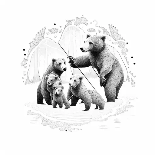 A detailed dotwork tattoo of a family of bears fishing in a river tattoo design idea