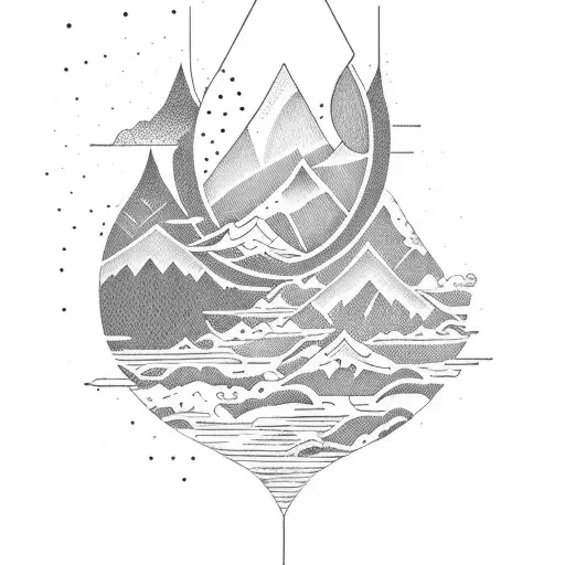 A dotwork tattoo featuring a serene ocean sunset behind towering mountains tattoo design idea