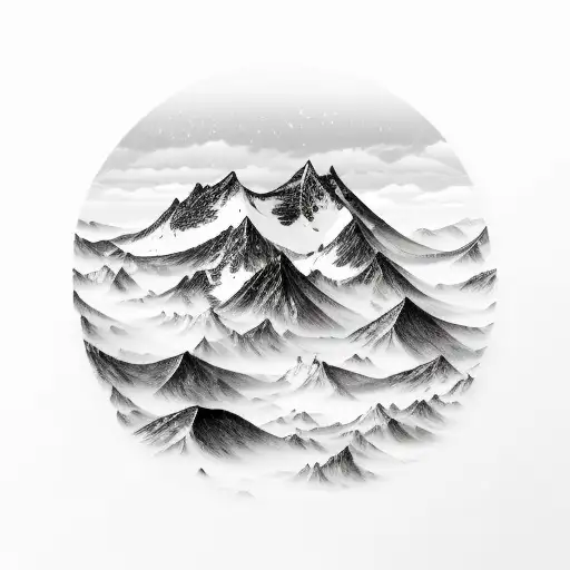 mountain turning into ocean wave, gray scale, western, panoramic shot tattoo design idea