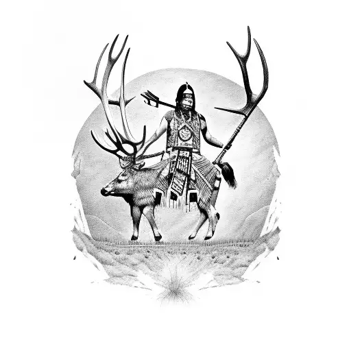 native american petroglyph of a hunter, huning an elk tattoo design idea