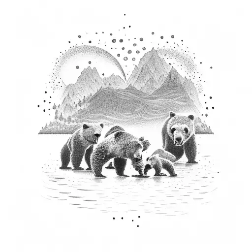 A detailed dotwork tattoo of a family of bears fishing in a river tattoo design idea