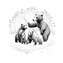 A detailed dotwork tattoo of a family of bears fishing in a river tattoo design idea