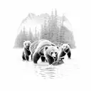 A detailed dotwork tattoo of a family of bears fishing in a river tattoo design idea