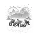 A detailed dotwork tattoo of a family of bears fishing in a river tattoo design idea