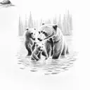 A detailed dotwork tattoo of a family of bears fishing in a river tattoo design idea