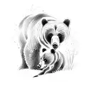 A detailed dotwork tattoo of a family of bears fishing in a river tattoo design idea