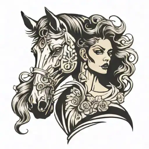 woman face and prancing horse tattoo design idea