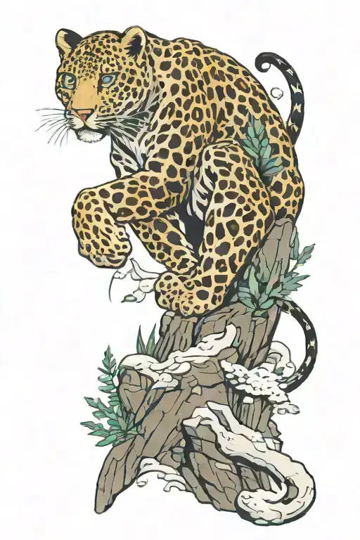 snow leapord full body climbing up a mountain tattoo design idea