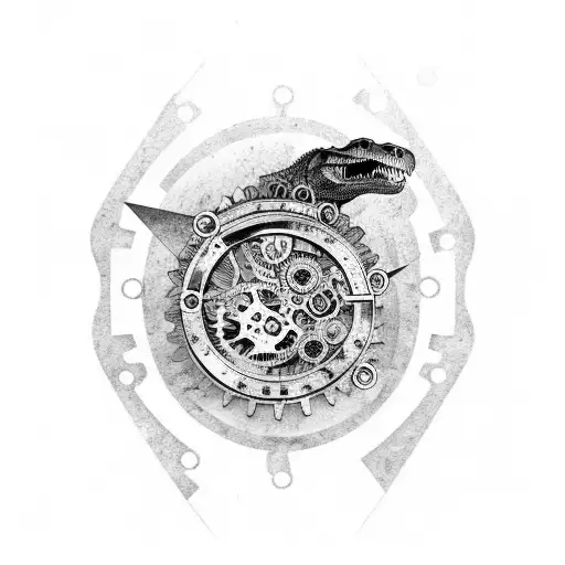 A steampunk-inspired T rex with mechanical gears and cogs tattoo design idea